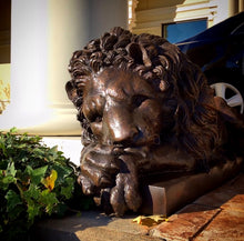 Load image into Gallery viewer, Large Bronze Lying Down Lion Sculptures