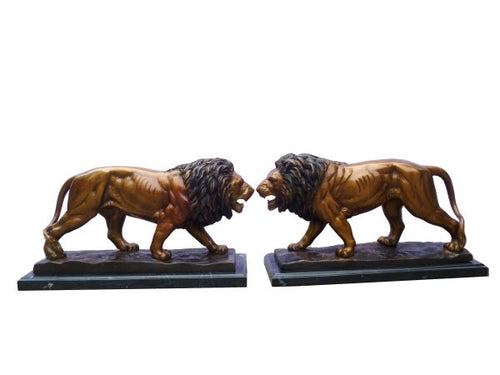 Bronze Lion Statues Pair on Marble Base