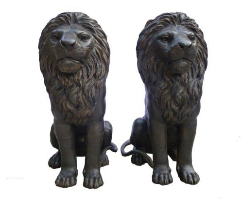 31”H Bronze Sitting Lion Sculptures Set