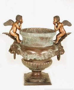 Bronze Garden Urn with Cherub and Lion Motifs