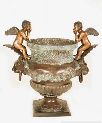 Bronze Garden Urn with Cherub and Lion Motifs