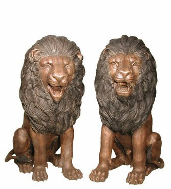 50”H Grand Estate Bronze Roaring Lion Statues Pair