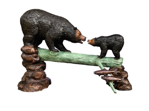 Bronze Bear Sculpture on Log with Baby Bear