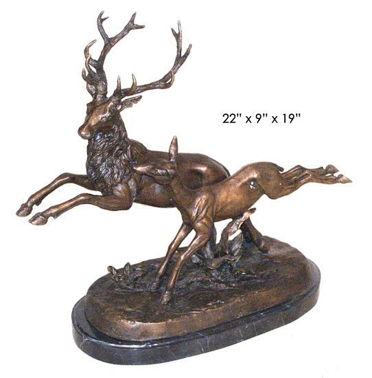 Leaping Bronze Deer Sculpture on Marble Base