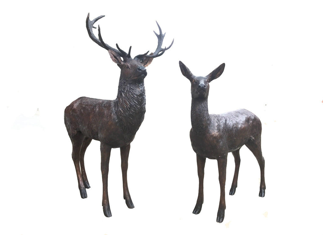 Pair of Male and Female Bronze Deer Sculptures