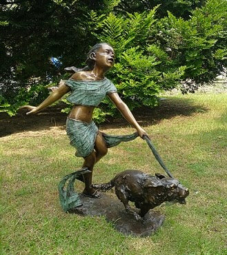 Bronze Girl Running With Dog Sculpture