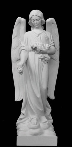 Memorial Angel with Flowers Marble Statue - 16”H