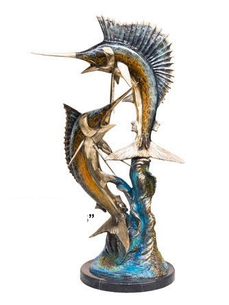 2 Bronze Swordfish & Sailfish Statue on Marble Base