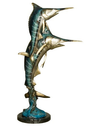 2 Bronze Swordfish Statue on Marble Base - 31”H