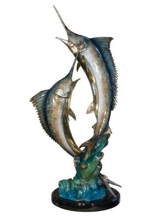 2 Bronze Swordfish Sculpture on Marble Base - 41”H