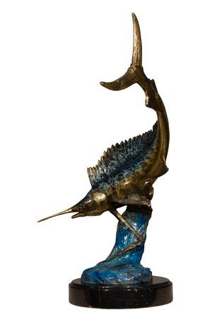 Bronze Swordfish Sculpture on Marble Base - 20”H