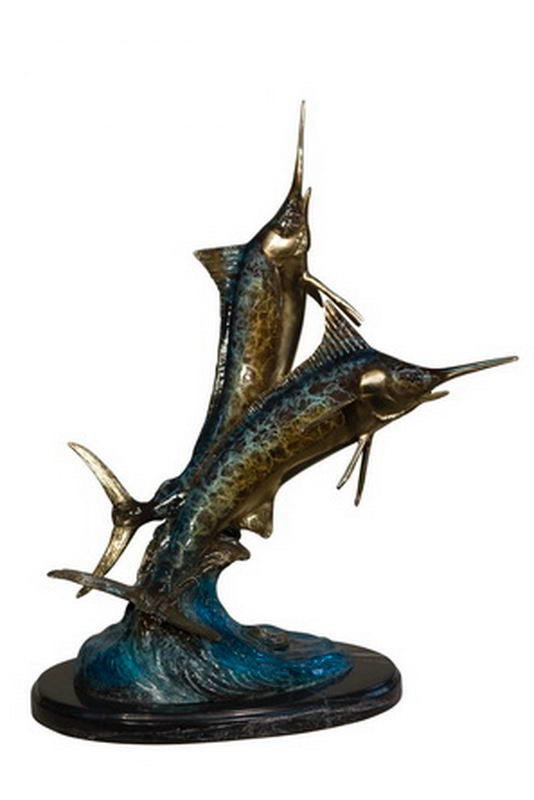 Tabletop Bronze Swordfish Duo Sculpture on Marble Base - 22”H