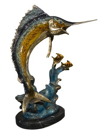 Blue Marlin Bronze Statue on Base - 27”H