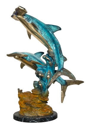 2 Bronze Hammerhead Shark with Coral Reef Sculpture