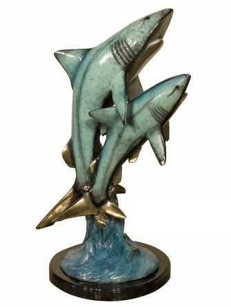 2 Bronze Shark Sculpture on Base