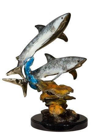 2 Bronze Reef Shark with Coral Reef Sculpture