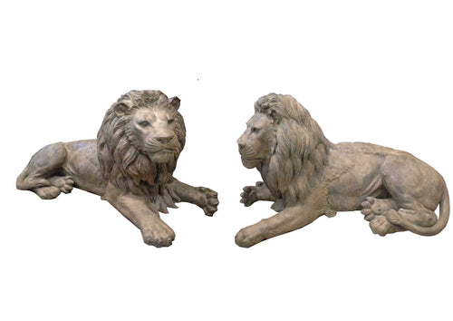 Bronze Resting Lion Statues Pair - 29”H