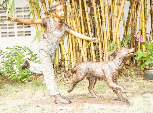 Bronze Girl Running with Labrador Dog Statue - 42”H