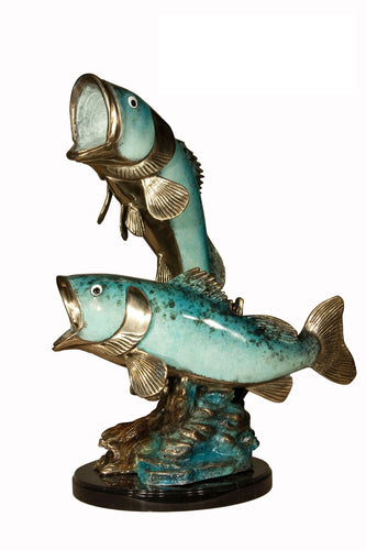 2 Bronze Sea Bass Sculpture on Marble Base - 24”H