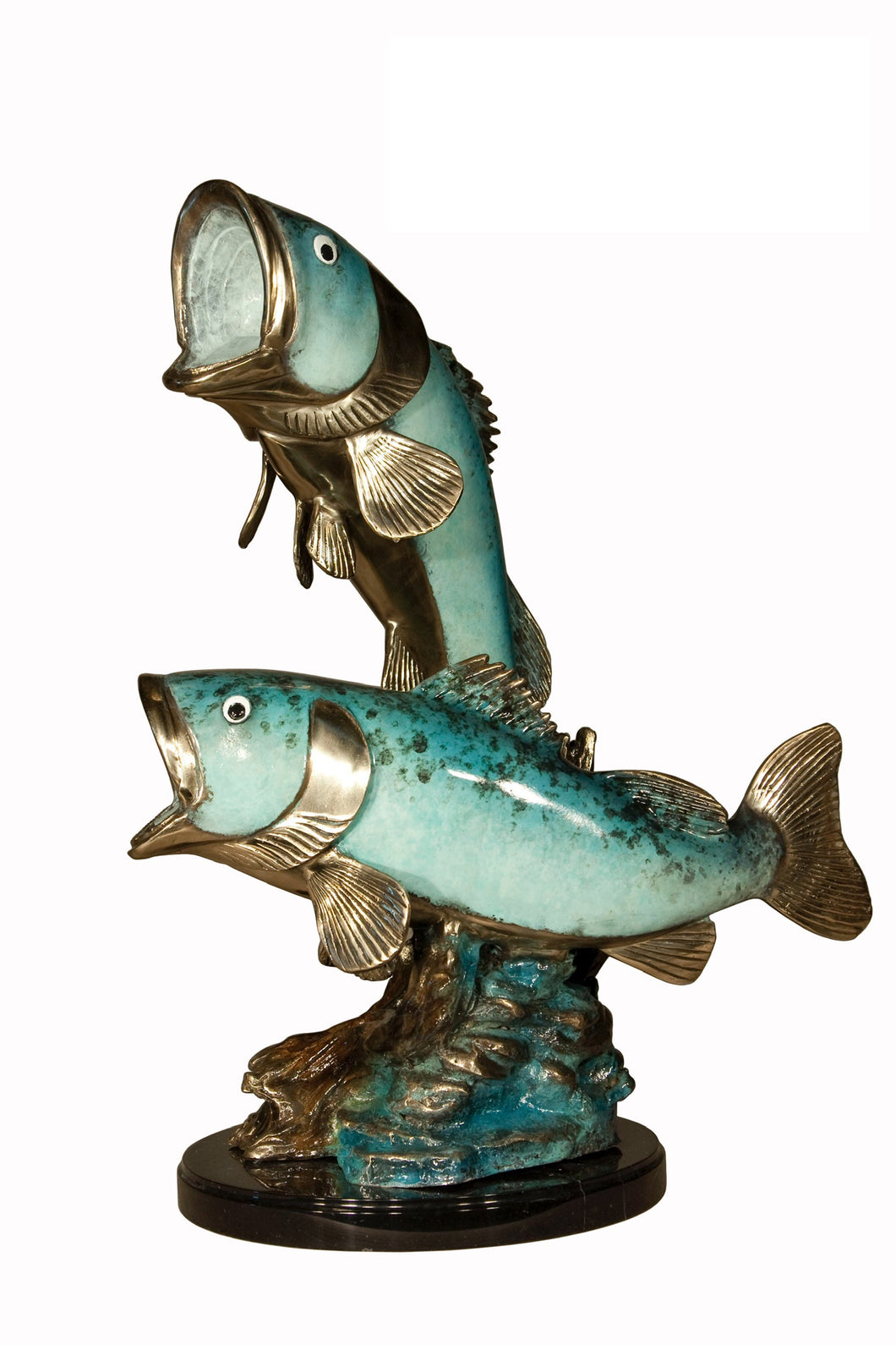 2 Bronze Sea Bass Sculpture on Marble Base - 24”H