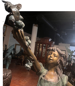 Life Size Girl Holding Bird Bronze Sculpture