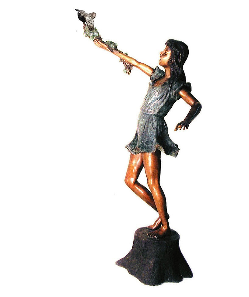 Life Size Girl Holding Bird Bronze Sculpture