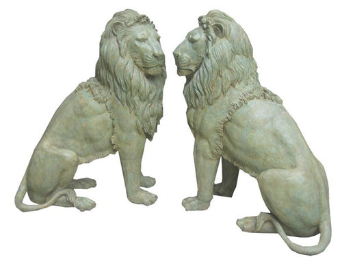 Bronze Life Size Resting Lion Statues Pair - 57”H