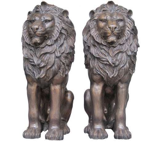 Bronze Life Size Sitting Lion Statues Pair