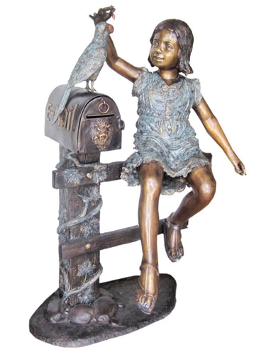 Pretty Girl with Parrot Bronze Mailbox Statue