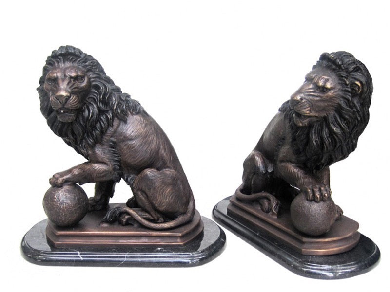 Bronze Sitting Lion Statues Pair - 12”H