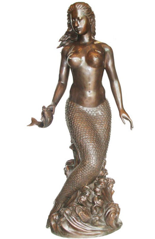 Large Bronze Mermaid Statue with Fish