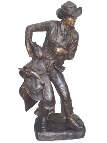 Bronze Western Cowboy with Saddle Statue - 35”H