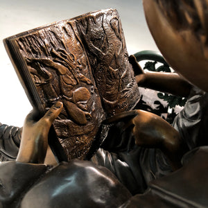 Bronze Reading Boy and Girl on a Bench Sculpture