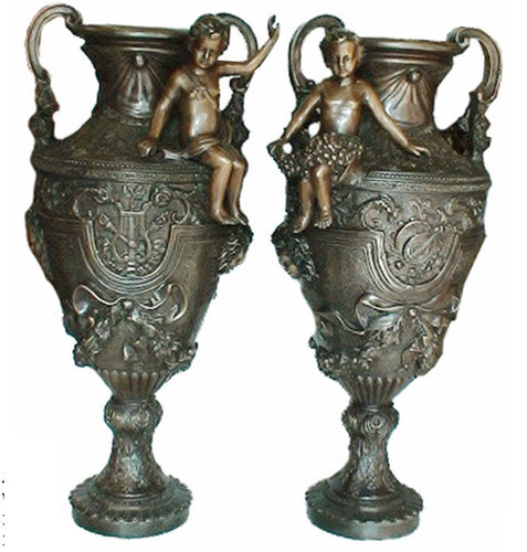 Bronze Cherub Putto Floor Vase Pair - 32”H