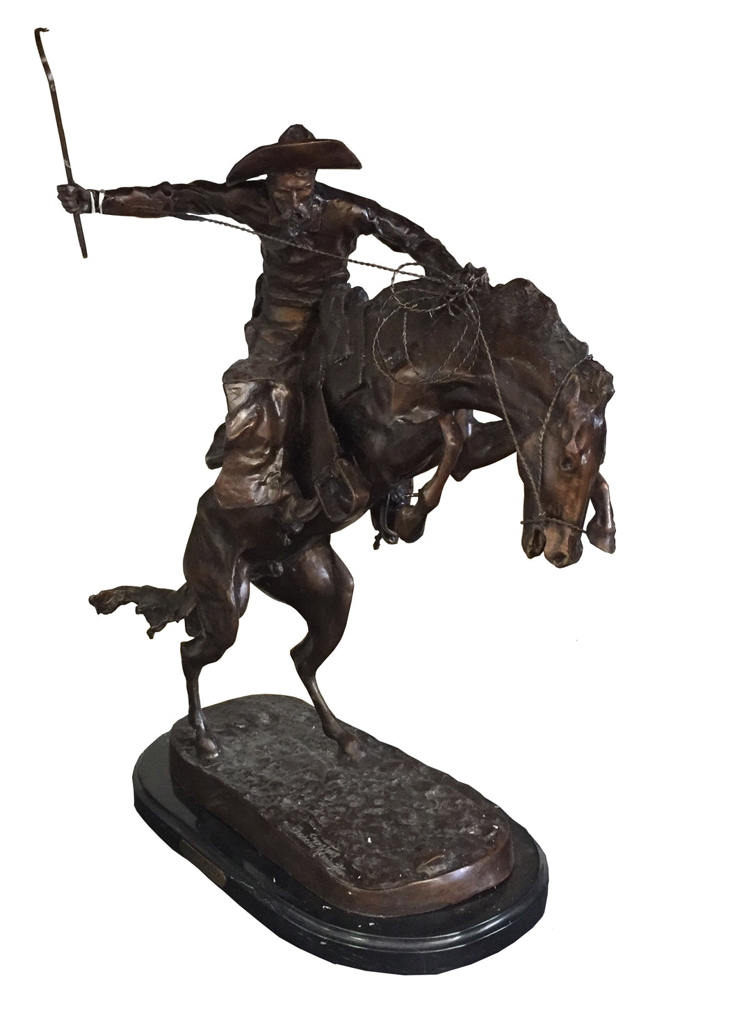 Tabletop Bronze Bronco Buster Cowboy Statue - 21”H