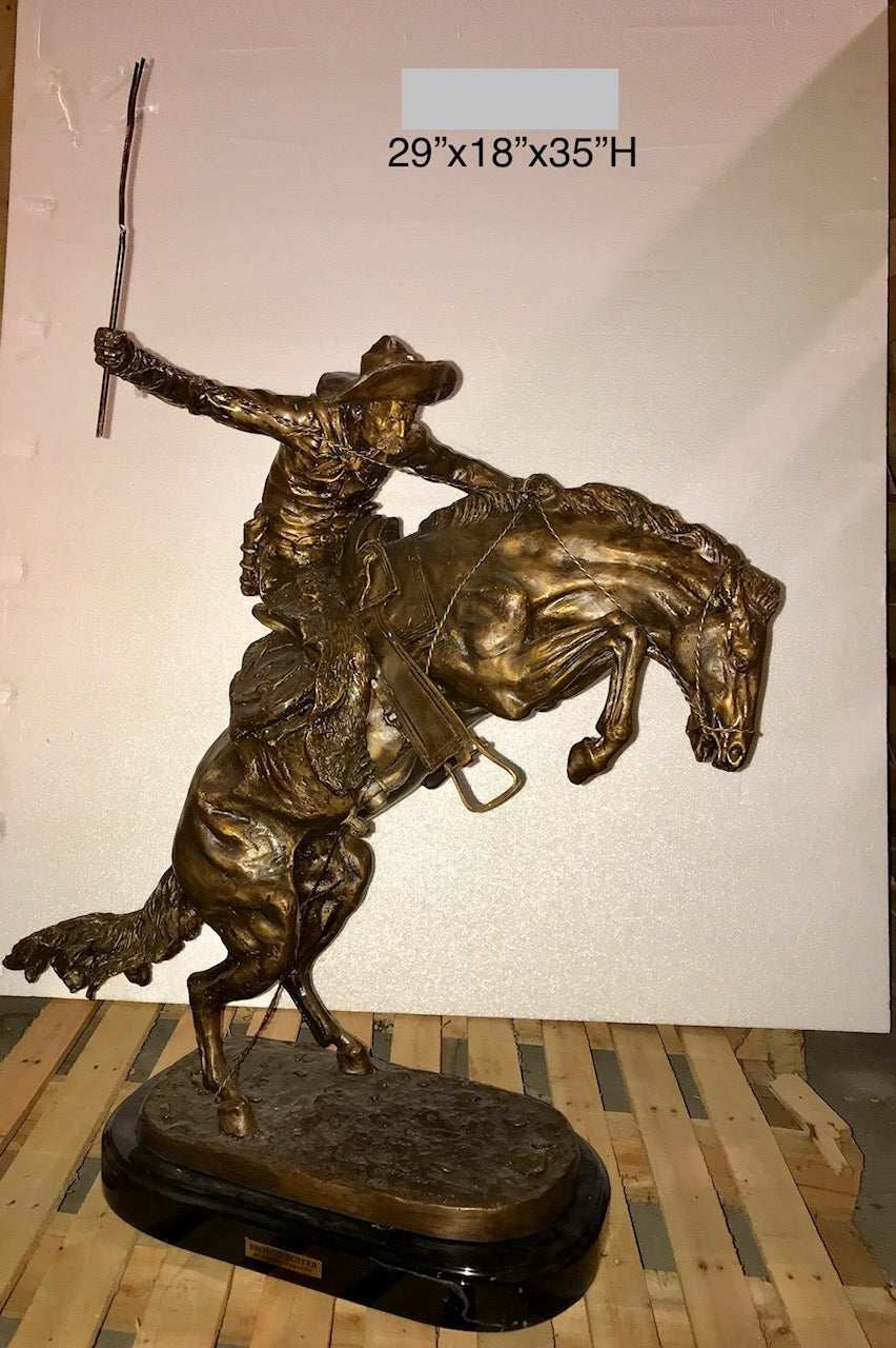 Large Bronze Bronco Buster Cowboy Statue - 35”H