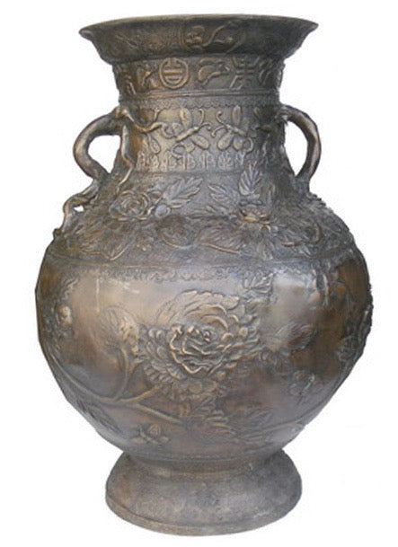 Large Bronze Jar Planter with Floral Designs - Pair