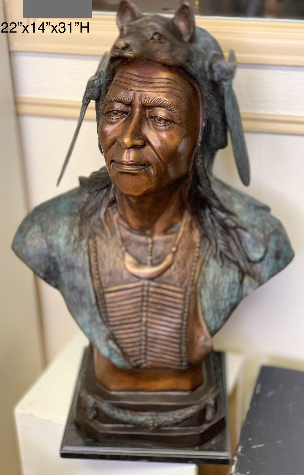 Bronze Native American Indian Chief Bust Statue with Wolf - 31”H