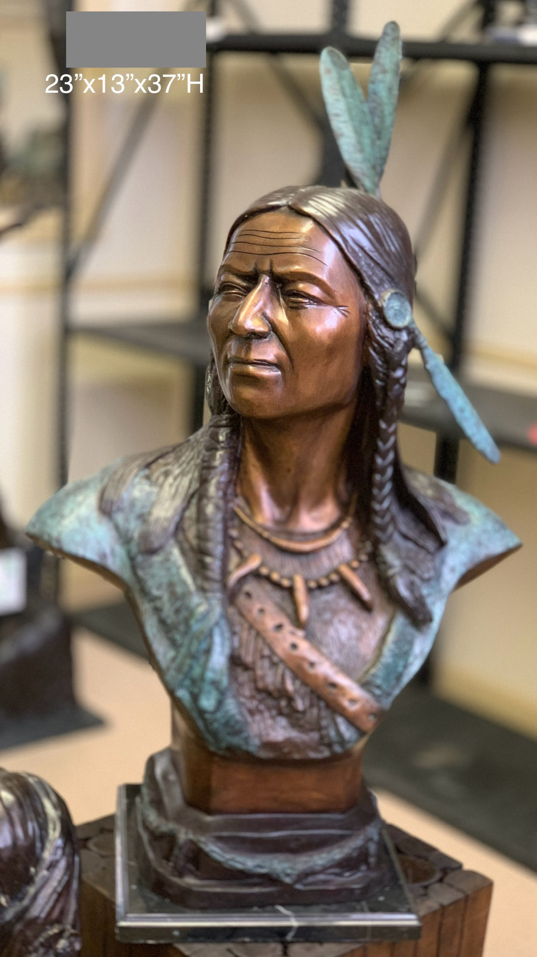 Bronze Native American Indian Warrior Bust Statue - 37”H