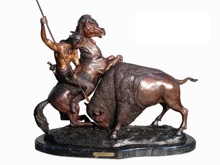 Bronze Buffalo Hunt Statue - 21”H