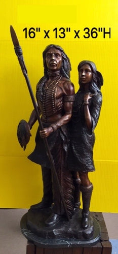 Bronze Native Indian Warrior and Wife Statue - 36”H