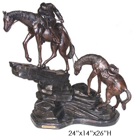 Bronze Cowboy Pulling Horses Western Statue