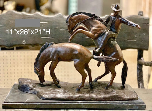 Bronze Cowboy with Horses Western Statue