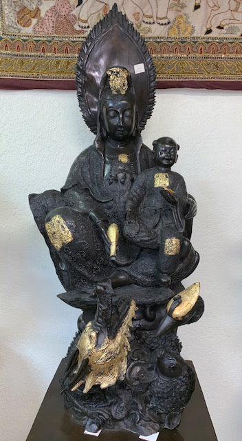 Bronze Kwan Yin Sitting on Dragon Statue