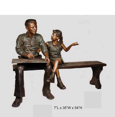 Bronze Grandfather and Granddaughter on Bench Statue