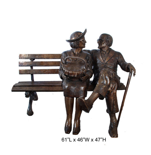 Bronze Grandfather and Grandmother on Bench Statue