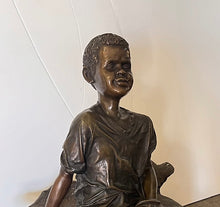 Load image into Gallery viewer, Bronze Baseball Black Boy on a Bench Statue I