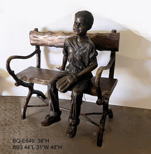 Load image into Gallery viewer, Bronze Baseball Black Boy on a Bench Statue II