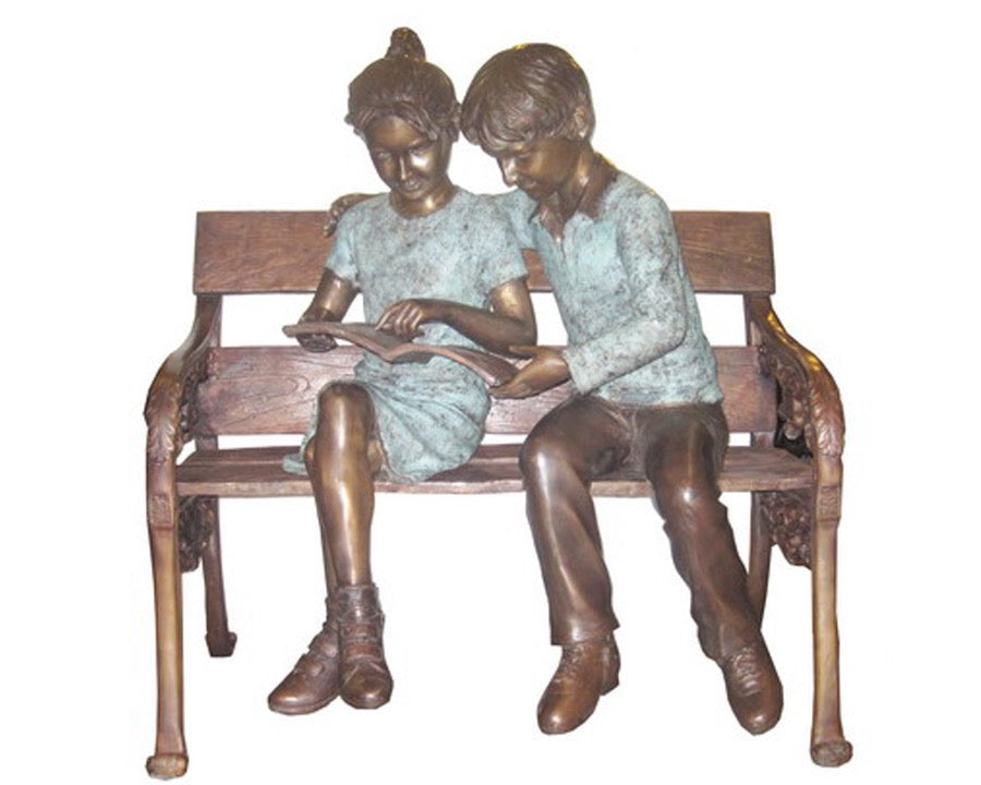 Large Reading Boy and Girl on Bench Bronze Sculpture