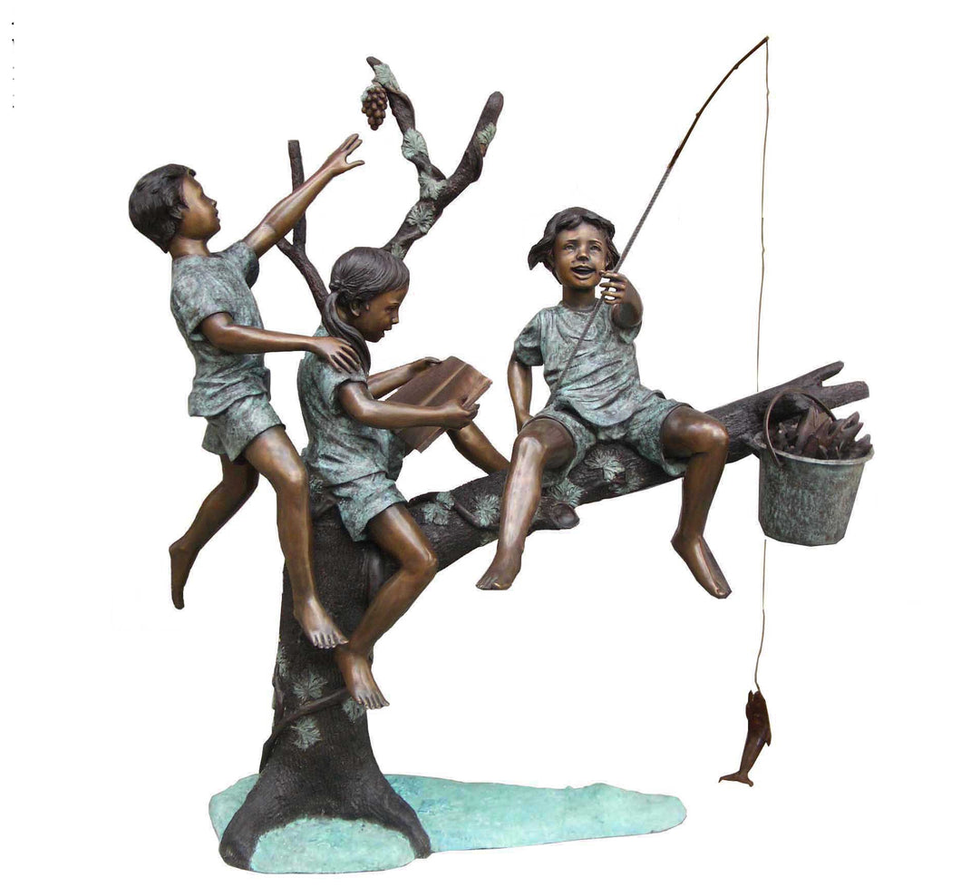 Bronze Children Playing in Tree and Reading Book Statue